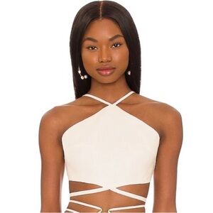 Cult Gaia Drew Linen Strappy Halter Criss Cross Blouse Crop Tie Top Off White